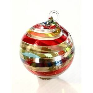 Glass Eye Studio Classic Ball Ornament Rainbow Platinum Twist Swirl 3” Handblown
